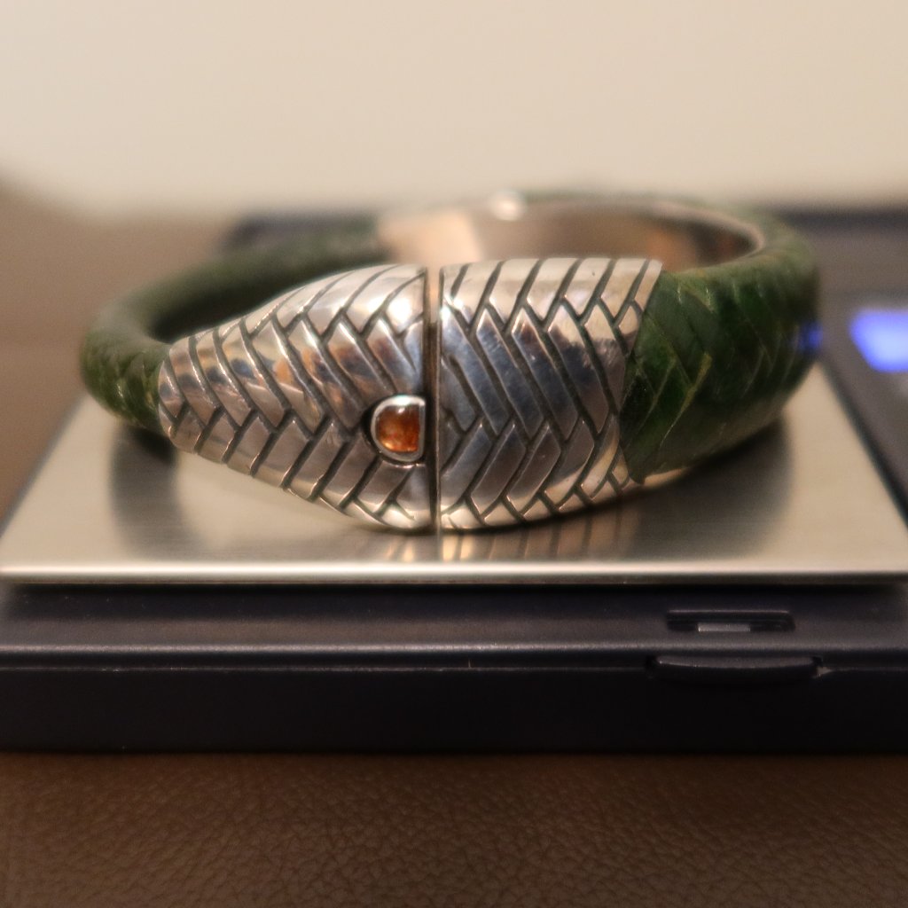 Lou Guerin Sterling Silver, Green Leather, Pink Stone Snake Design Cuff Bracelet
